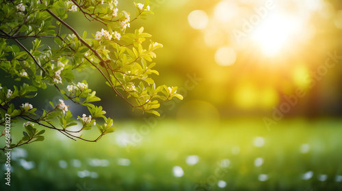 a springtime product presentation background showing some freshly budding tender branches and bokeh filtered sunlight; with room for text