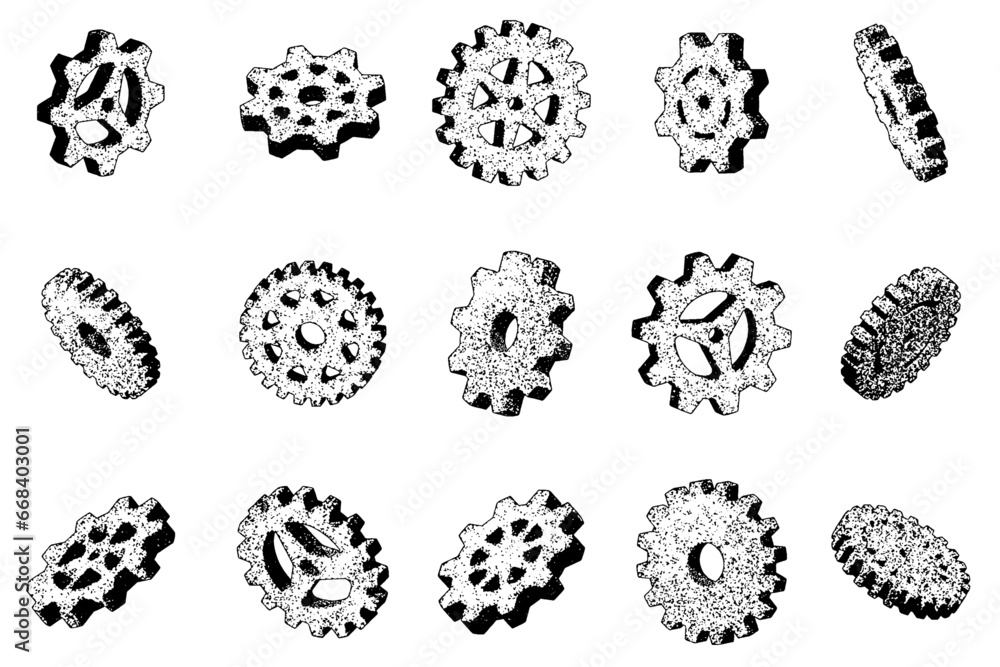 Icon set of various angles and types of gears.  Rusty grunge surface parts black vector illustration. - obrazy, fototapety, plakaty 