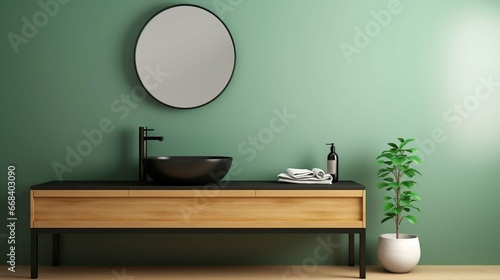 Close up of sink with oval mirror standing in on green wall , wooden vanity with black faucet in minimalist bathroom. Side view. 