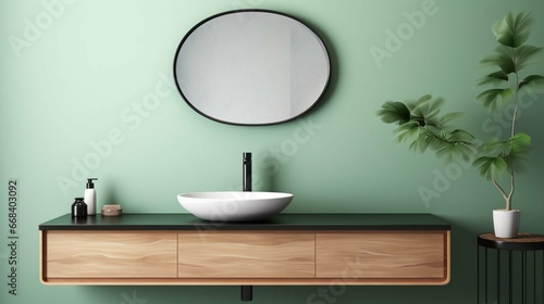 Close up of sink with oval mirror standing in on green wall   wooden vanity with black faucet in minimalist bathroom. Side view. 