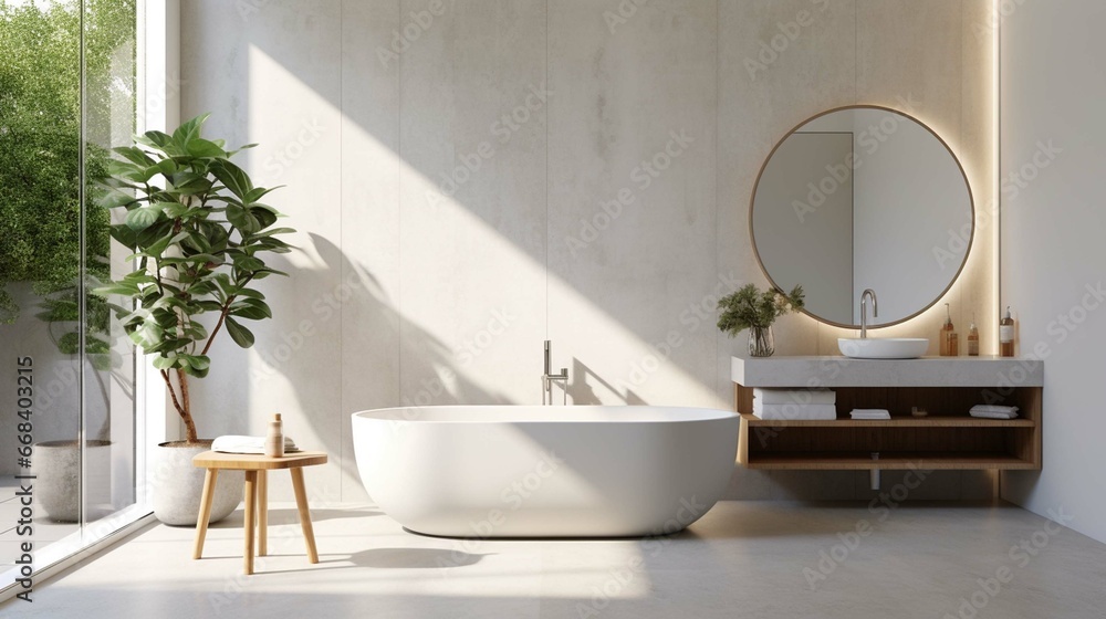 Modern bathroom with marble basin, vanity and round mirror, a round bathtub, and a sleek concrete floor. - obrazy, fototapety, plakaty 
