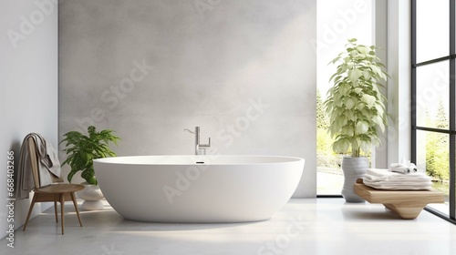 Modern luxury bathroom  white marble walls  bathtub  concrete floor  indoor plants  toilet  bidet  front view. Beautiful room with modern furniture and window. 