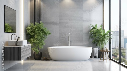 Modern luxury bathroom  white marble walls  bathtub  concrete floor  indoor plants  toilet  bidet  front view. Beautiful room with modern furniture and window. 