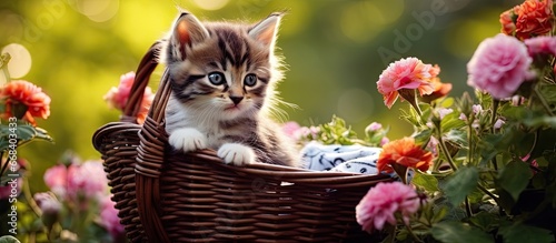 Tiny adorable cat in a basket on the flowery ground