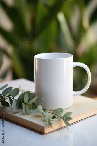 A white coffee cup sitting on top of a book. Simple serene setting, clean living.