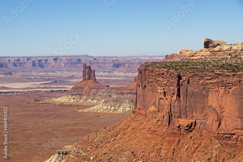 Canyonlands National Park offers breathtaking views of eroded canyons, rocky mesas and strange buttes in the area where the Green River and Colorado River meet in their canyons far below