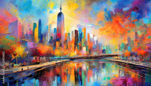 abstract painting the city comes to life with a burst of vibrant colors and dynamic shapes