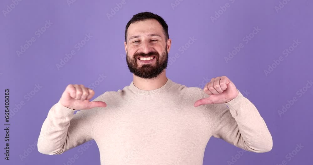 Excited bearded man pointing at self isolated on purple background. Pick me concept. Excited bearded man pointing at self isolated on purple background. Pick me concept.