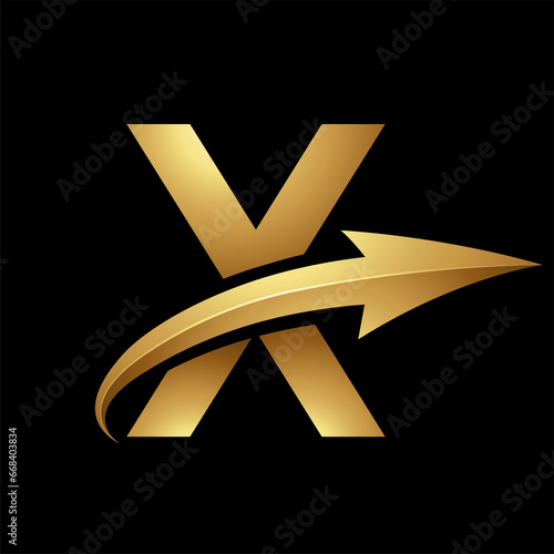 Gold Uppercase Letter X Icon with a Glossy Arrow