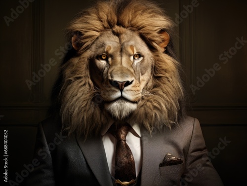 A lion wearing a suit and tie. Generative AI.