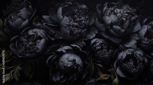 Painterly floral illustration, decadent peony flower arrangement inspired by Baroque and Dutch Golden Age art styles