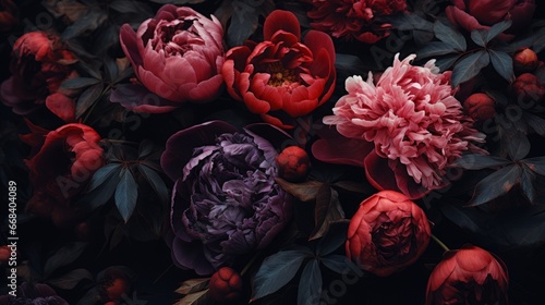 Painterly floral illustration, decadent peony flower arrangement inspired by Baroque and Dutch Golden Age art styles