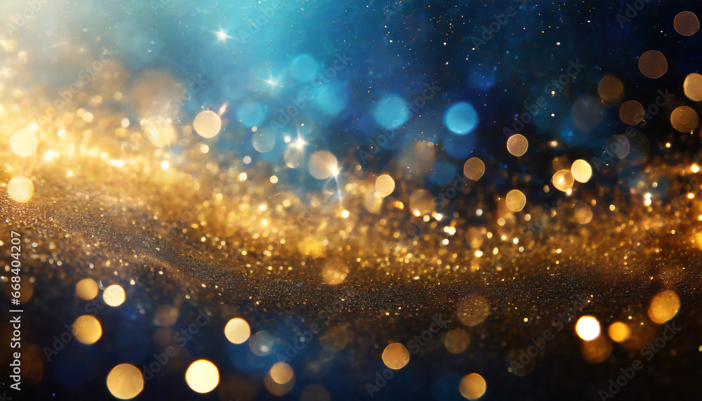 background of abstract glitter lights gold blue and black de focused