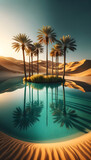 Palm trees towering over a desert oasis, reflecting on calm aqua waters