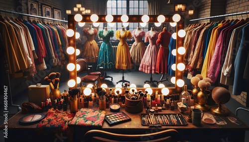 Glamorous costumes and dresses in dressing room mirror photo