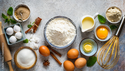 baking background ingredients flour sugar eggs and others at light stone table top view with copy space photo
