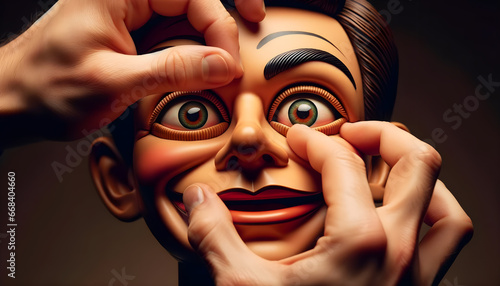 Hands closely examining the face of a ventriloquist dummy photo