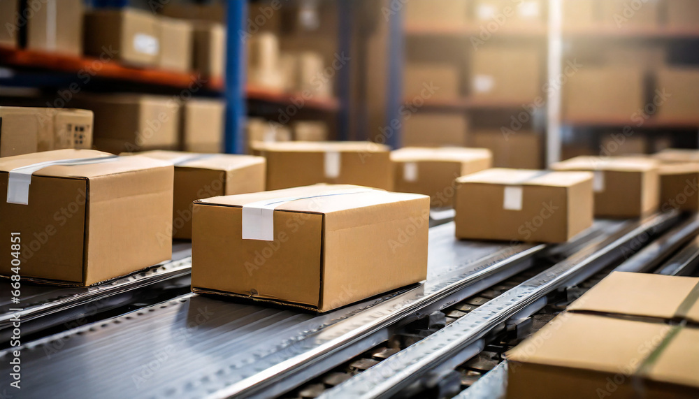 closeup of multiple cardboard box packages seamlessly moving along a conveyor belt in a warehouse fulfillment center a snapshot of e commerce delivery automation and products