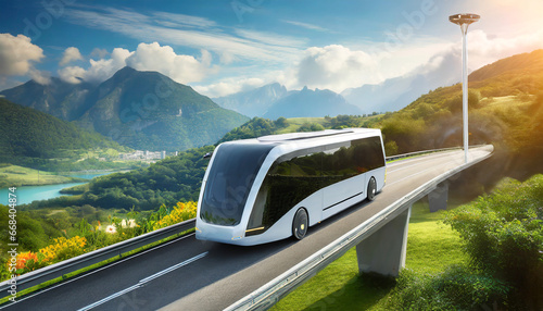 futuristic electric autonomous bus driving on an open highway with beautiful nature background © Mary