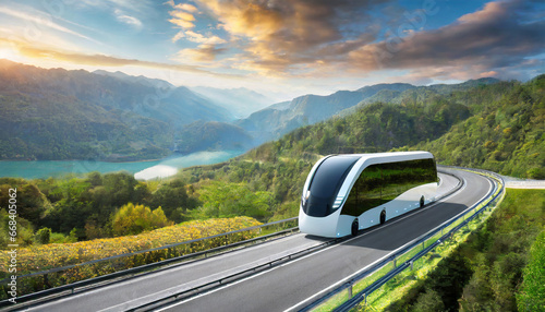 futuristic electric autonomous bus driving on an open highway with beautiful nature background © Mary