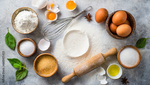 baking background ingredients flour sugar eggs and others at light stone table top view with copy space