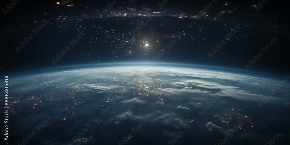 Captivating view of Earth from a space station window, showing continents, oceans, and clouds. Perfect for educational and space exploration themes. - obrazy, fototapety, plakaty 