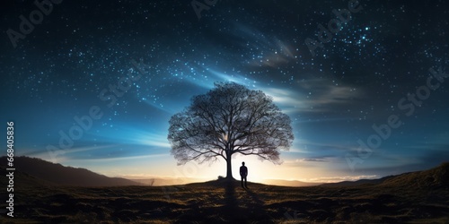 Silhouette of a lone tree set against a starry galaxy canvas, embodying the themes of solitude and cosmic wonder. Ideal for nature and science themes.