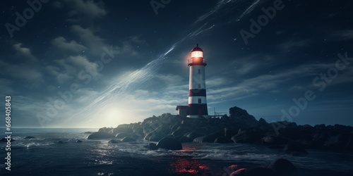 A lone lighthouse against a night sky with a streak of light, capturing solitude and guidance. Excellent for themes of hope and isolation.