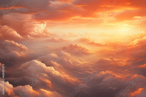 Stunning orange clouds floating above an endless sea of soft, misty clouds.