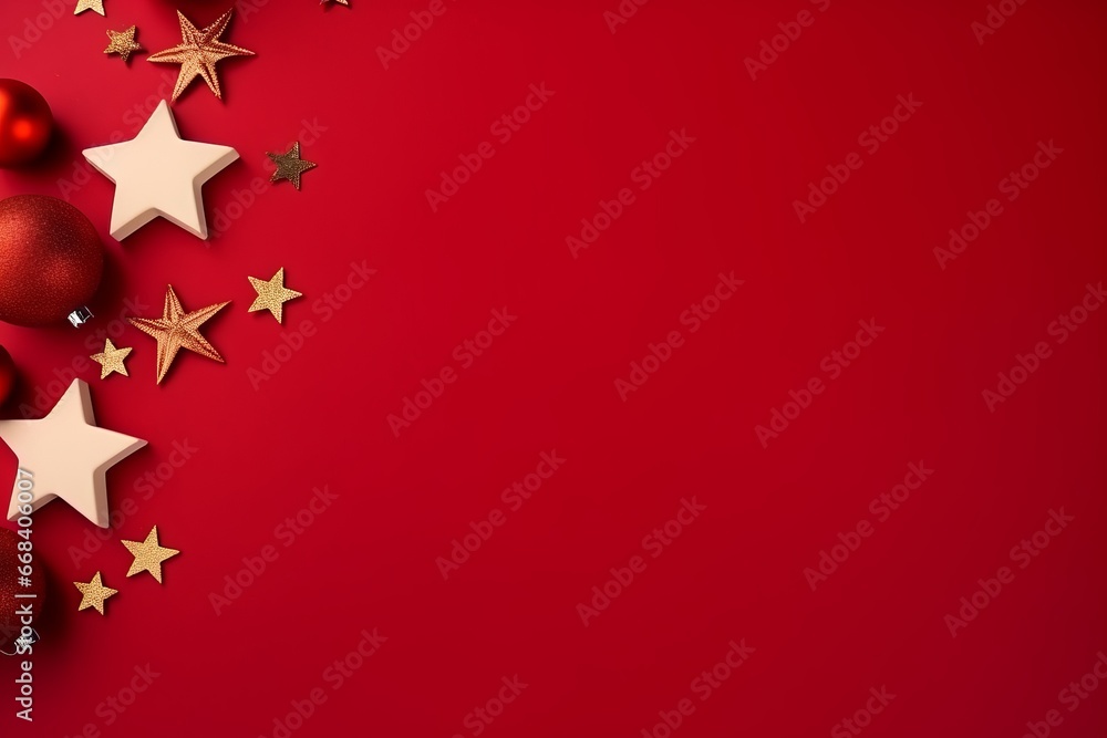 Christmas-themed flat lay with festive accessories on red backdrop. Christmas-themed flat lay with festive accessories on red backdrop.