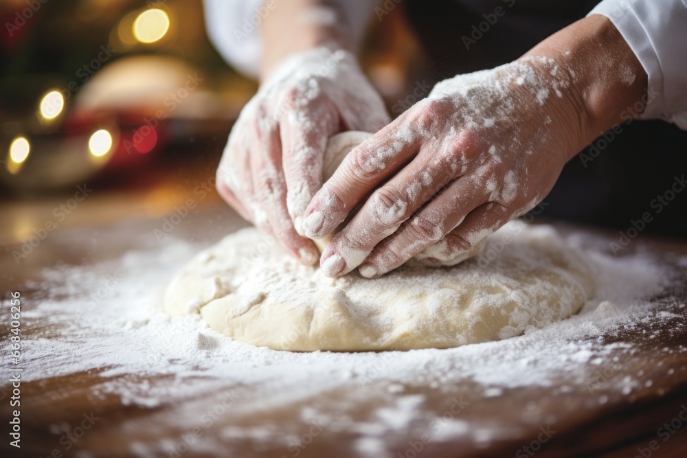 A heartwarming scene of hands shaping cookie dough, surrounded by a dusting of flour. Ideal for culinary and holiday projects.