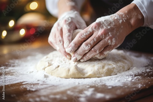 A heartwarming scene of hands shaping cookie dough, surrounded by a dusting of flour. Ideal for culinary and holiday projects.