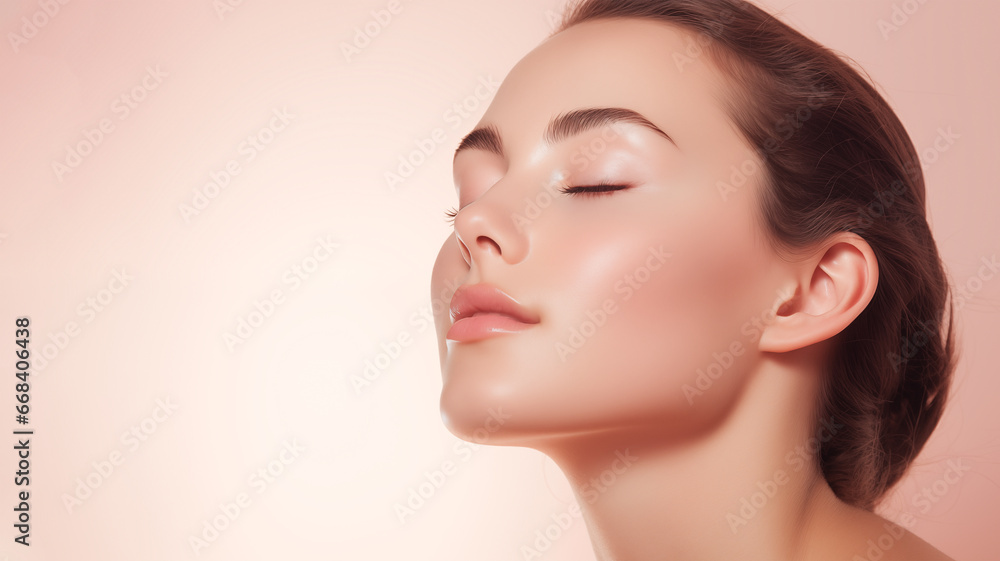 Portrait of woman with perfect face touching healthy facial skin on pastel beige background. Facial treatment. Cosmetology, beauty and spa concept. copy space for text Portrait of woman with perfect face touching healthy facial skin on pastel beige background. Facial treatment. Cosmetology, beauty and spa concept. copy space for text