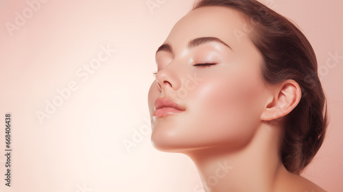 Portrait of woman with perfect face touching healthy facial skin on pastel beige background. Facial treatment. Cosmetology, beauty and spa concept. copy space for text