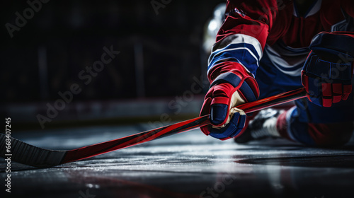A detailed shot of a player grasping the handle of a hockey stick