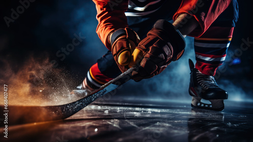 A detailed shot of a player grasping the handle of a hockey stick