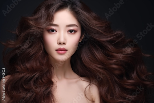 Young asian woman with curly long hair and korean makeup style