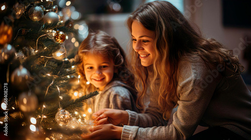 Happy mother and daughter set up a beautiful Christmas tree on a beautiful night