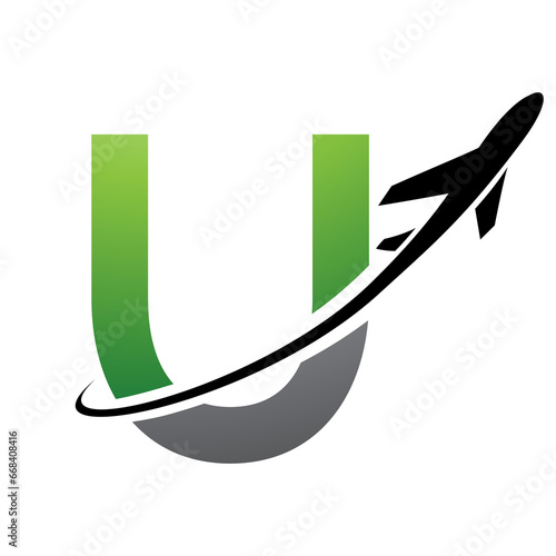 Green and Black Uppercase Letter U Icon with an Airplane
