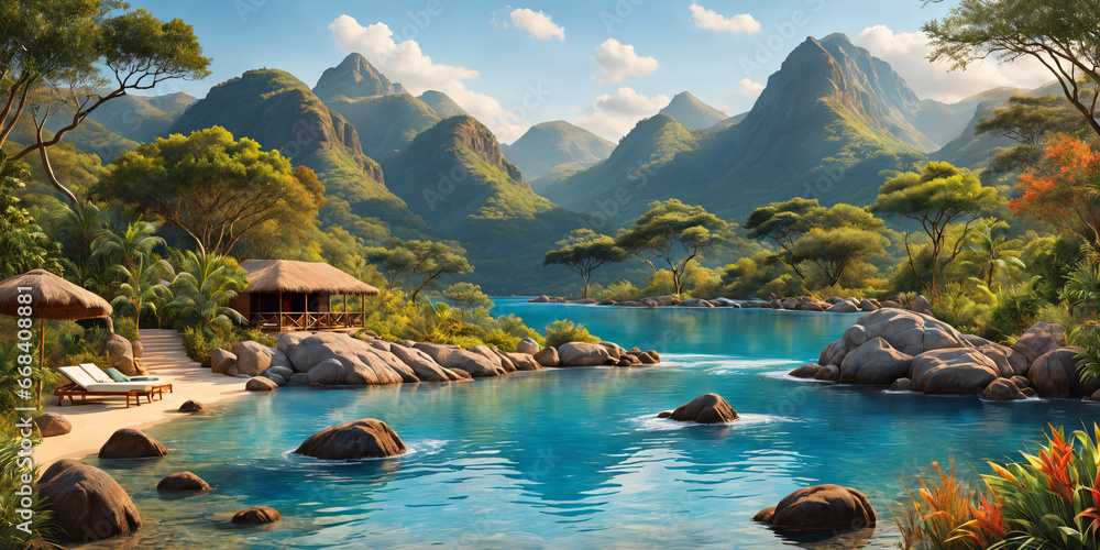 Serene Coastal Retreat: Tranquility Amidst Majestic Mountains and Pristine Waters. Generative AI.
