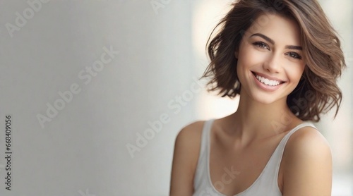 beautiful smiling female portrait with space for text on the side, background image, AI generated