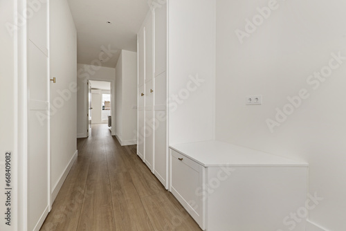 Wallpaper Mural Long hallway of a house with built-in wardrobes with white wooden doors and access to several rooms Torontodigital.ca