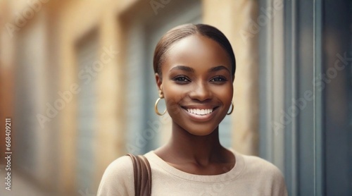 beautiful smiling african female portrait with space for text on the side, background image, AI generated