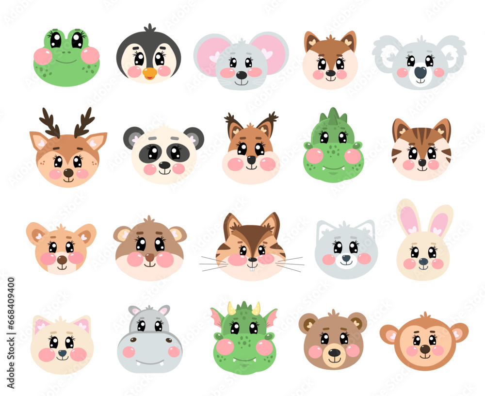 Big set, collection of cute head, face animals on white isolated background. Happy feeling face kawaii pets. Kid, baby cartoon graphic design. Kawaii cutie zoo, wild animals vector illustration