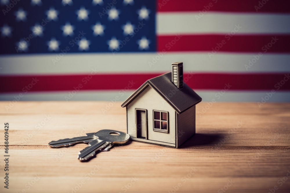 American housing market, house keys in front of the American flag, housing affordability issue, savings and mortgage concept - obrazy, fototapety, plakaty 