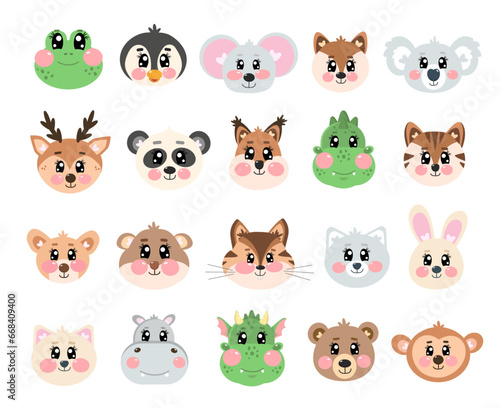 Big set, collection of cute head, face animals on white isolated background. Happy feeling face kawaii pets. Kid, baby cartoon graphic design. Kawaii cutie zoo, wild animals vector illustration