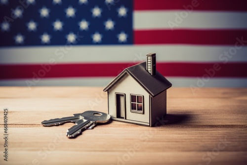 American housing market, house keys in front of the American flag, housing affordability issue, savings and mortgage concept photo