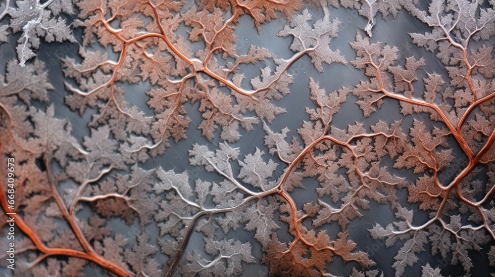 Hoarfrost creating intricate textures on a rusty metal surface.