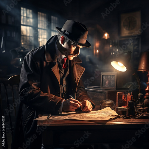 Dedicated Detective Solving a Crime - A Captivating Scene Perfect for Crime Novels, Film Noir Projects, and Mystery-Themed Artworks