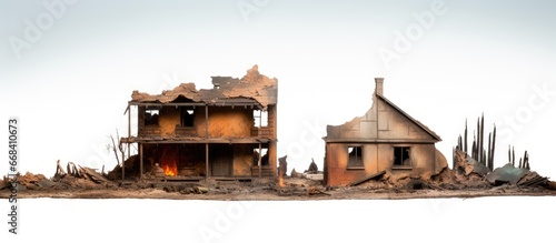 Fire damaged dwelling without roof separate from the surroundings photo